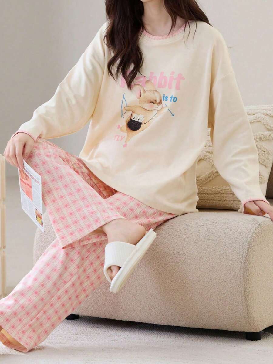 Women's Round Neck Cartoon Print Pajama Set, Shell Flower Long Sleeve Top + Pants With Pockets, Cute Pajama Set, Women's Loungewear Set - Apricot - View 1