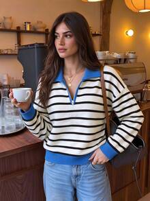 Women's New Autumn/Winter Polo Collar Contrast Color Knit Sweater, Casual Daily, College Style, Commuting - White and Black - View 3