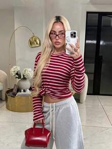 FOR BEAUTY Fall Winter Women Sweaters Elegant Casual Y2K Pink Red Striped Crew Neck Long Sleeve Slim Fit Ribbed Knit Pullover Top Daily Streetwear - Red - View 1