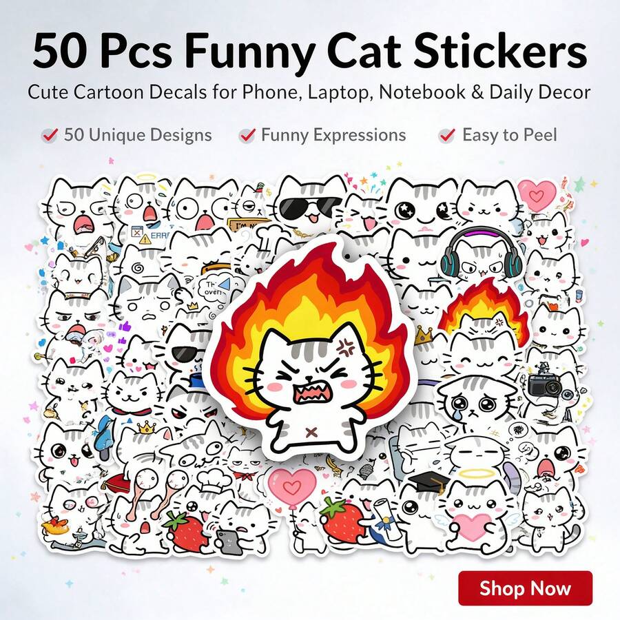 50 buah Stiker Kucing Lucu dan Menggemaskan, Stiker Kucing Ekspresif Gaya Jepang, Paket Stiker Hewan Peliharaan Seni Garis Estetik, Tahan Air untuk Laptop, Ponsel, Perencana, Buku Tempel, Hadiah Buatan Tangan DIY, Hadiah Natal Praktis untuk Pecinta Kucing - MultiWarna - View 1