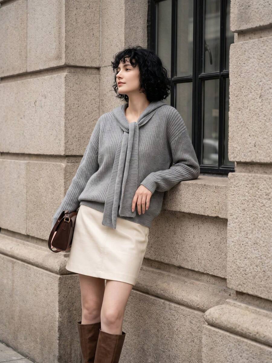 Women's Minimalist Knit Sweater, Fashion Loose Fit Pullover, Suitable For Autumn/Winter - Grey - View 1