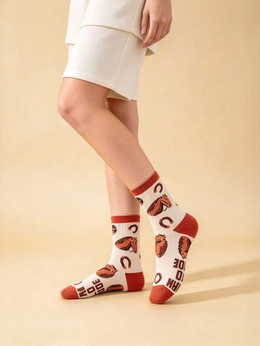 Fun Cartoon Horse Head Print Women's Mid-Calf Socks, Casual Versatile Comfortable Breathable Autumn/Winter Personalized Socks - Multicolor - View 1