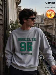 كنزة رجالية من الصوف الناعم بياقة دائرية للخريف/الشتاء مطبوعة بحروف وأرقام BROOKLYN 96 NEW YORK بأسلوب Y2K - رمادي منقوش - مشاهدة 6