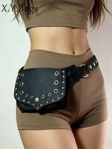 2026 New Black Rivet Flap Cargo Style Style Multifunctional Simple Canvas Waist Bag Unisex Handmade Travel - Black - View 1