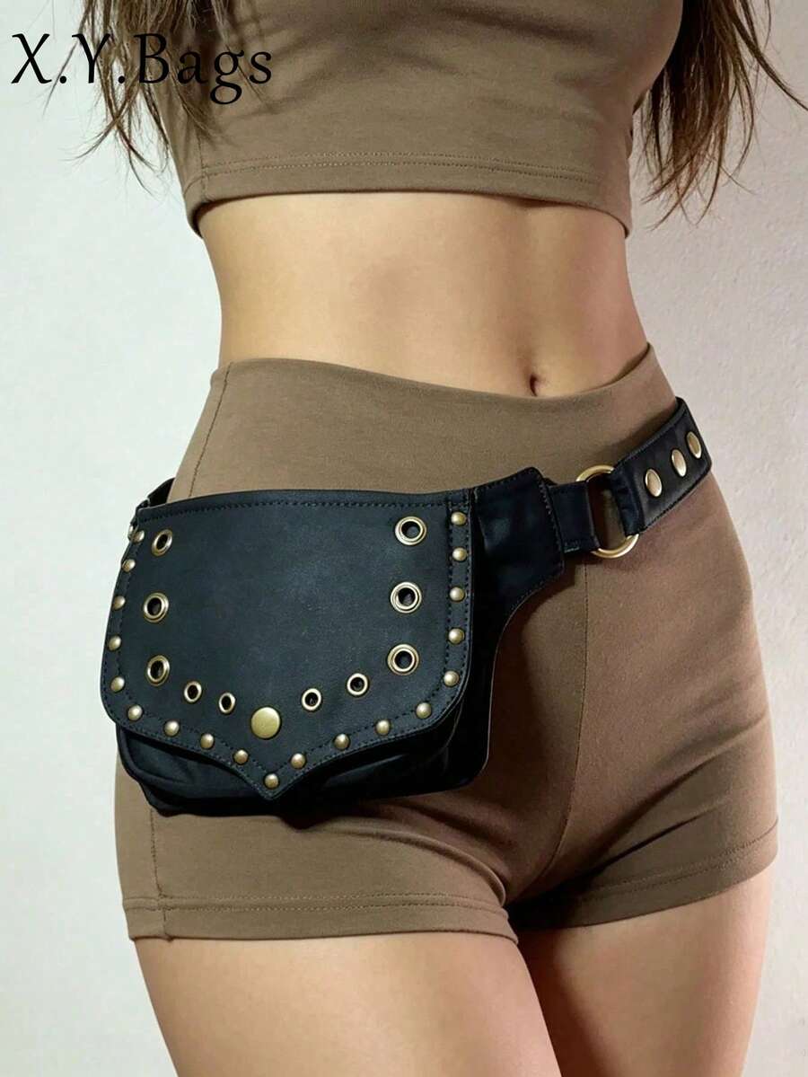 2026 New Black Rivet Flap Cargo Style Style Multifunctional Simple Canvas Waist Bag Unisex Handmade Travel - Black - View 1