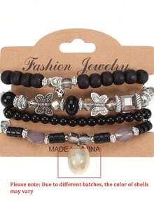 4 Pcs Bohemian Style Vacation Fashion Rice Bead Wood Bead Beaded Butterfly Shell Pendant Bracelet Set For Women Casual Versatile Bracelet Combination - Black - View 5