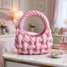 Pink Thick Rope Woven 3D Printed Storage Basket, Simulated Thick Yarn Woven Texture, Handbag Shape, Desktop Small Item Storage, Ins Style High-Value Soft Decor Ornament - Pink - View 1