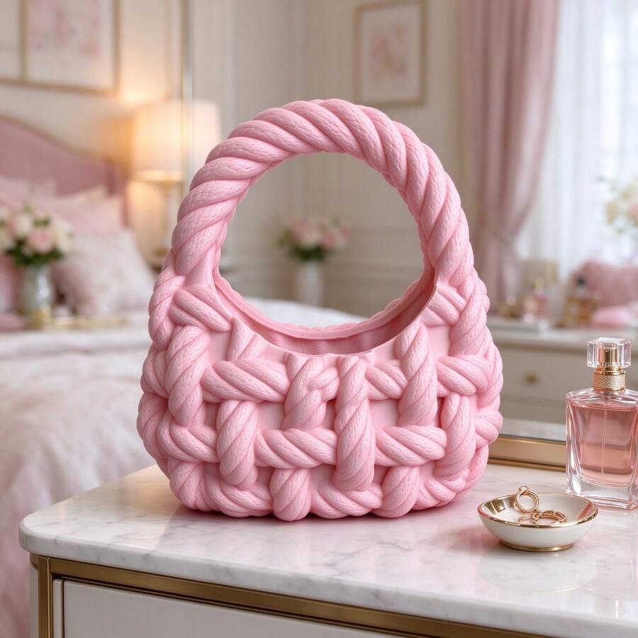 Pink Thick Rope Woven 3D Printed Storage Basket, Simulated Thick Yarn Woven Texture, Handbag Shape, Desktop Small Item Storage, Ins Style High-Value Soft Decor Ornament - Pink - View 1