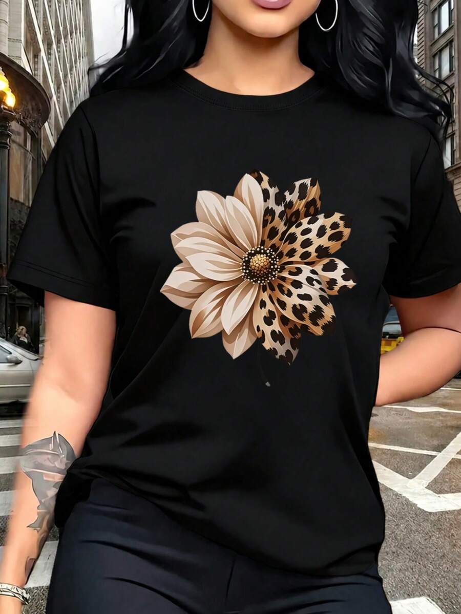 女款豹紋拼接花卉短袖寬鬆T恤,夏季小眾印花休閒百搭圓領上衣 - 黑色 - 查看 1