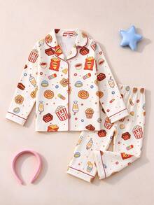 Big Girls Cute Snack Print Button Front Long Sleeve Pajama Set, 2-Piece Lapel Top + Pants, Soft Loungewear, Suitable For Spring, Autumn, Winter Home Wear - Multicolor - View 5