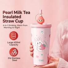 QWE Stainless Steel Straw Insulated Cup 650ML PP Lid Straw Cartoon 3D Character Highly Attractive Office Coffee Travel Mug - Baby Pink - View 2