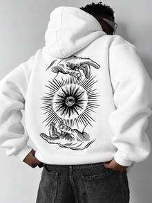 Zrgoth Men's Hooded Sweatshirt, Vintage Line All-Seeing Eye And Palm Print On Back, Long Sleeve Drawstring Streetwear Hoodie - White - View 3