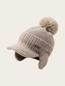 1pc Women's Solid Color Pom Pom Knit Cap, Knit Baseball Cap, Warm Ear Protection Windproof Hat, Thickened Letter Knitted Hat, Suitable For Outdoor Cycling And Cold Weather - Multi-color - View 5