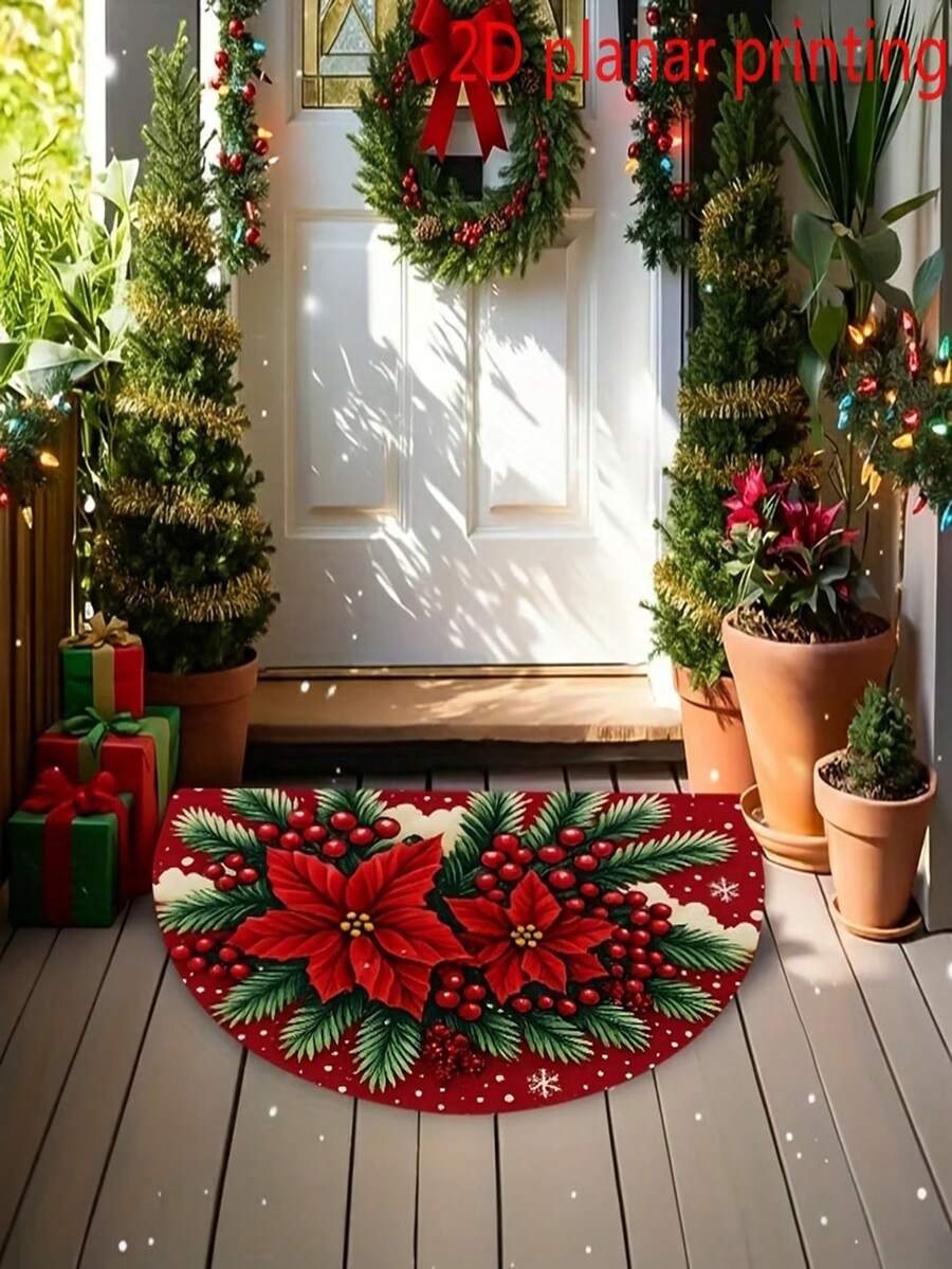 1pc Christmas Red Poinsettia & Snowflake Welcome Doormat - Semi-Circular Christmas Door Mat With Green Holly Berry Border, Velvet Material Machine Washable Soft Rug Suitable For Front Door, Porch, Kitchen, Living Room, Bathroom - Easy To Clean Home Holiday Decor, Christmas Decoration Carpet - A - View 1