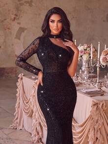 Elegant Beaded One-Shoulder Mermaid Tail Fitted Evening Gown, Suitable For Weddings, Galas, Formal Dinners And High-End Evening Events - Black - View 9