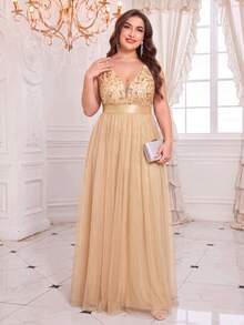 XUCTHHC Plus Size V-Neck Sleeveless Floral Embroidered Sequin Mesh A-Line Bridesmaid Dress, Elegant Party Evening Gown, Suitable For Wedding Guests, Autumn - Gold - View 2