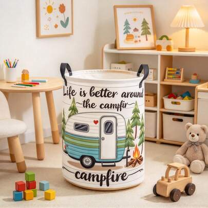 1PC Collapsible Fabric Storage Basket With Cute Camping Camper Trailer And Campfire Letter Print, Multifunctional Organizer For Clothes, Sundries And Toys, Home Decor, Room Decor, Bedroom Decor