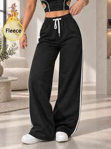 Women Thermal Lined Wide Leg Sweatpants Black Side Stripe Drawstring Elastic Waist Loose Fit Winter Track Pants - Black - View 5