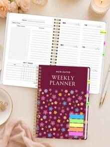 1pc Non-Dated Weekly Planner, Floral Cover Weekly & Monthly Schedule Book With Gold Twin-Wire Binding For Goals, Work & Study, Office Desk Accessories, Bible Study Materials, Christmas Gifts - Rectangle - View 3