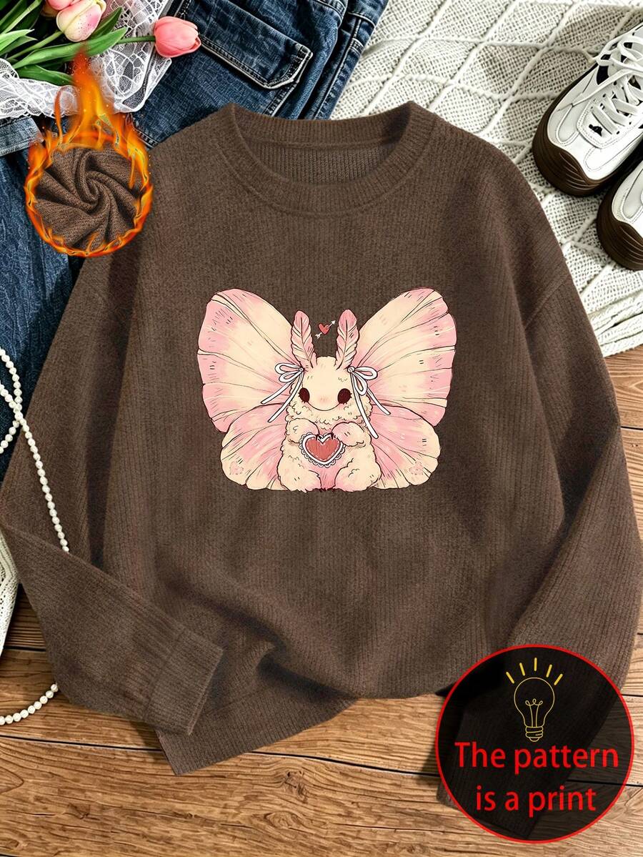 Plus-Size Women's Knitted Sweater, Pink With Little Moth And Animal Prints, Casual, Round Neck, Long Sleeves, Suitable For Autumn And Winter. - Brown - View 1