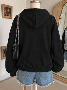 Girls' Colorblock Lace Striped Bow Zipper Hooded Jacket, Autumn Casual Long Sleeve Hoodie - Black - View 2