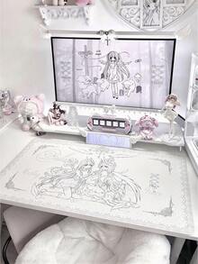 Alas Meja Kulit Besar Motif Malaikat Lucu untuk Anak Perempuan, Alas Mouse PU Berbingkai Renda Putih dengan Gambar Garis Manga, Pelindung Meja Anti Selip Tahan Air, Dekorasi Meja Estetik untuk Ruang Belajar dan Bermain Game Anak Perempuan - View 3