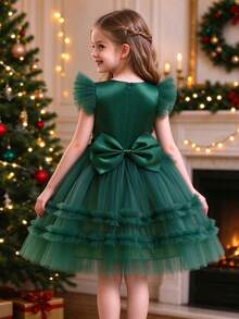 Young Girl Classic Christmas Green Flutter Sleeve Colorful 3D Ball Detachable Large Bow Party Dress - Green - View 4