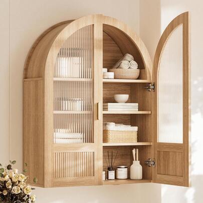 4-Tier Arched Bathroom Wall Cabinet With Adjustable Wood Shelves, Over The Toilet Storage Cabinet With Acrylic Doors, Medicine Cabinet For Laundry Room & Living Room Kitchen (Natural Oak)