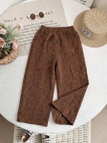 1pc Girls Toddler New Fashion Black Streamline Pattern Retro Straight Leg Pants, Versatile Casual Daily Wear - Brown - View 1