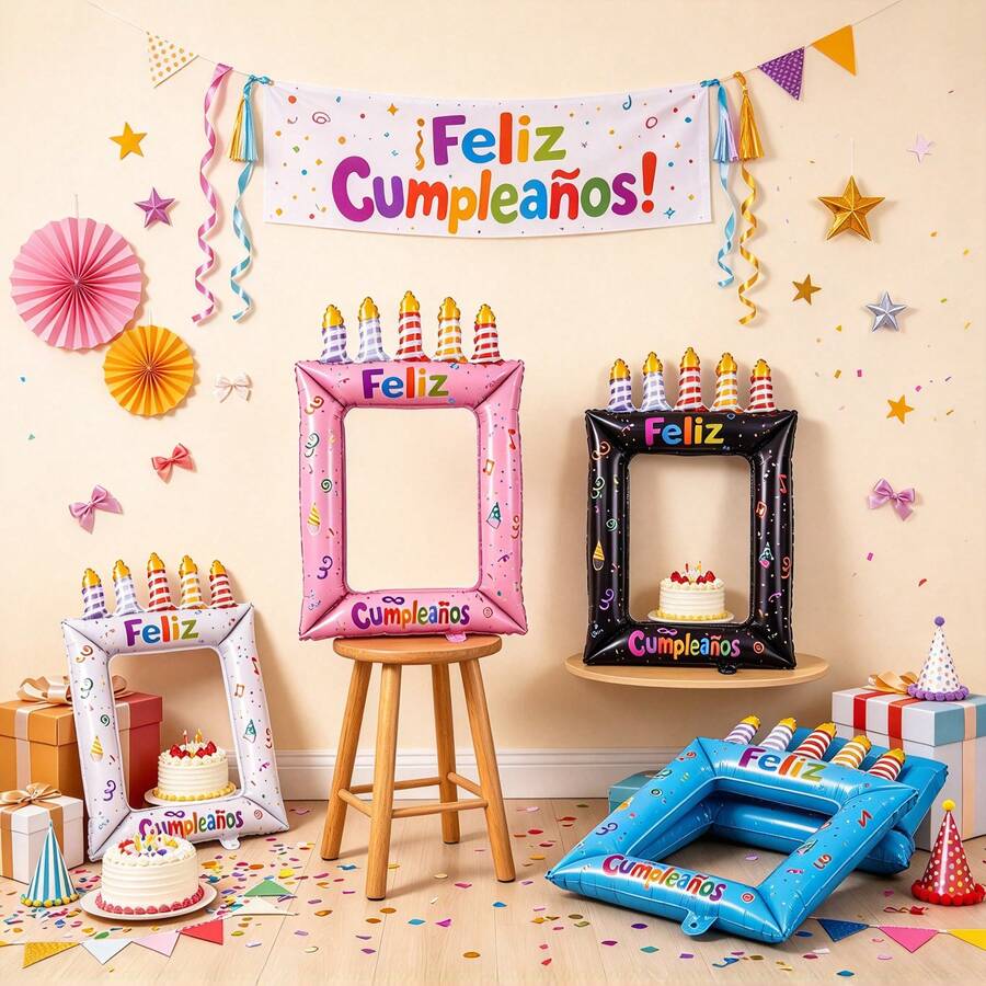 Handheld Candle Birthday Cake Photo Frame Balloon Spanish Happy Birthday Print Feliz Cumpleaños Birthday Party Anniversary Decoration - Multicolor - View 1