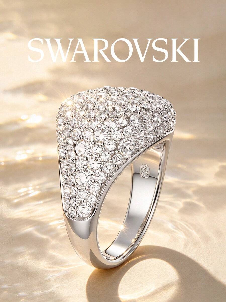 SWAROVSKI Fully Pave Crystal Square Ring, Elegant Sparkling Wide Band Ring, Birthday Gift For Girlfriend - Silver - View 1