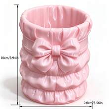 Pink Bow Pleated 3D Printed Storage Cylinder, Creative Sweet Design, Pen Holder & Makeup Brush 2-In-1, High-Value Desktop Organizer For Study And Vanity - Pink - View 4