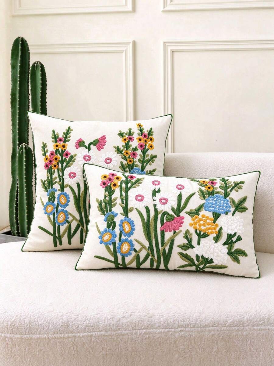 1pc Floral Park Exquisite Embroidered Cushion Cover, No Filling, Multi-Size And Shape For Most Rooms