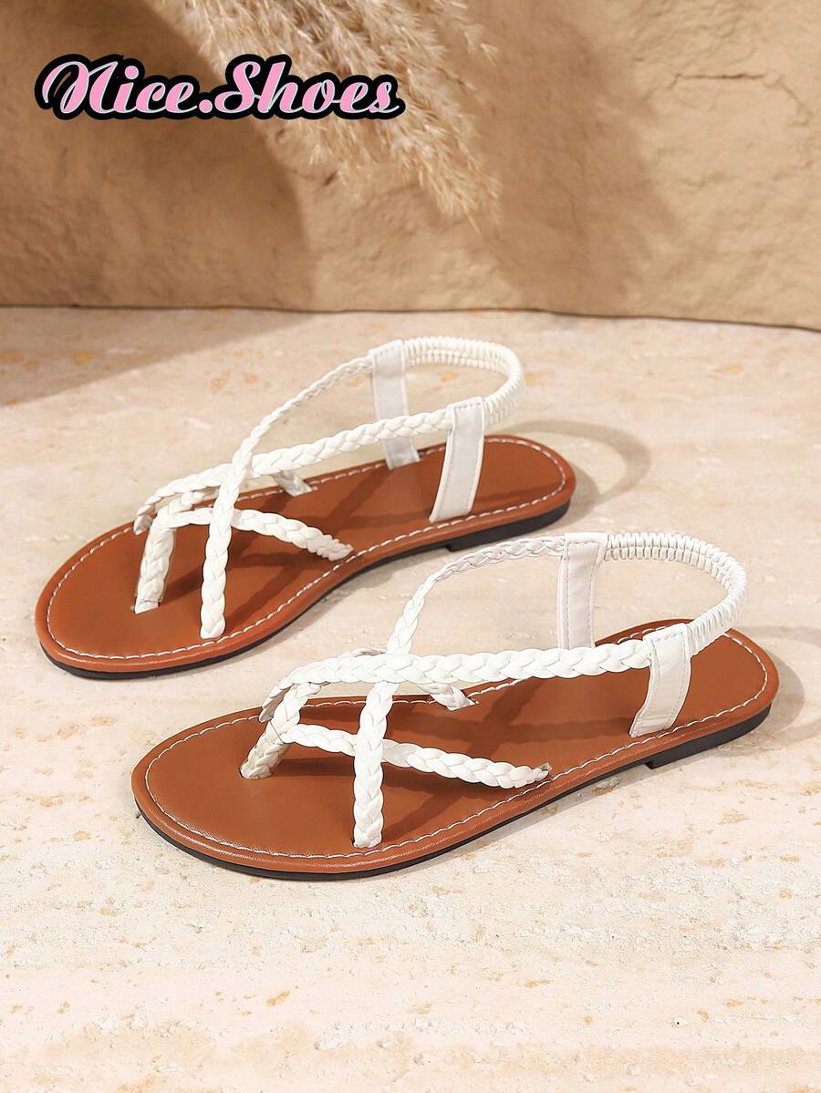 Women New Woven Black/Brown/White Flat Sandals Thong Slippers, Solid Color Open Toe Non-Slip Outdoor/Indoor Slippers, Casual Daily Wear Beach Shoes, Bohemian Criss-Cross Strap Flat Sandals, Hollow Toe Gladiator Sandals, Gold/Black Flat Sandals, Beach Shoes