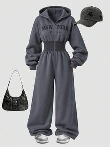 Autumn/Winter Big Girls Fashion Casual Letter Print Hooded Jumpsuit - Dark Grey - View 2