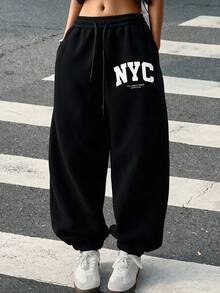 Women's Casual Loose Fit NYC Letter Print Gray Joggers, Fall And Winter Pants Black - Black - View 1