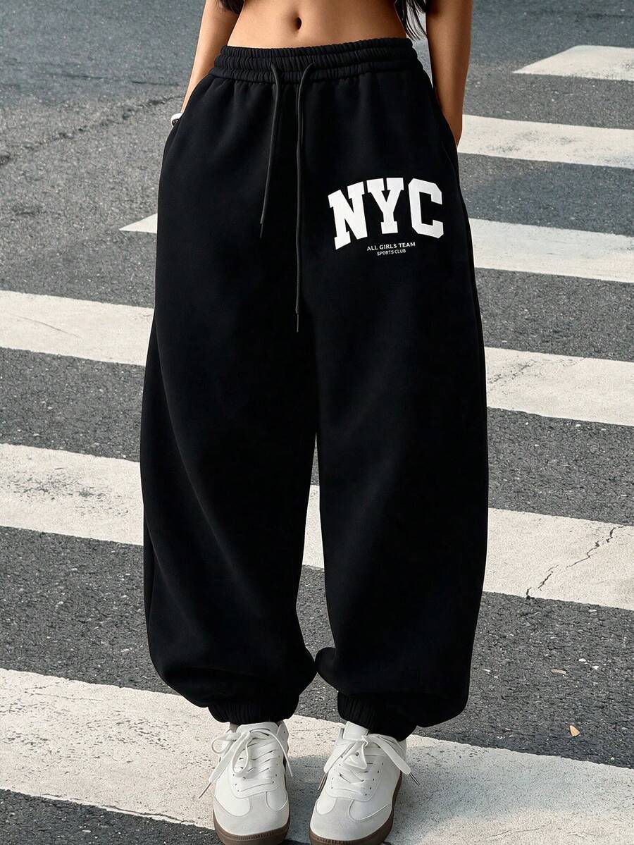 Women's Casual Loose Fit NYC Letter Print Gray Joggers, Fall And Winter Pants Black - Black - View 1