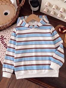 1pc Teen Girls Blue Brown White Colorblock Striped Sweatshirt, Korean Style Unisex Loose Casual Pullover Sweatshirt, Suitable For Spring And Autumn - Blue - View 1