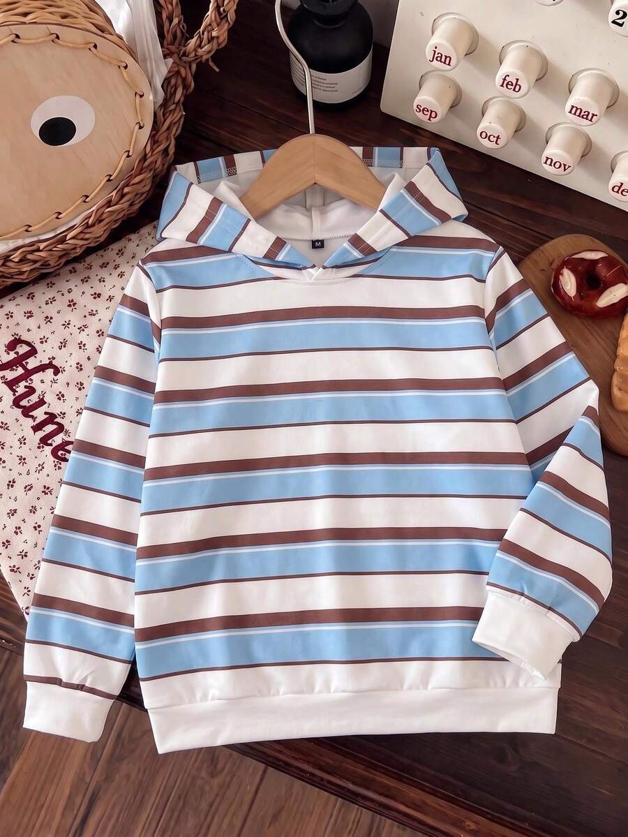 1pc Teen Girls Blue Brown White Colorblock Striped Sweatshirt, Korean Style Unisex Loose Casual Pullover Sweatshirt, Suitable For Spring And Autumn - Blue - View 1