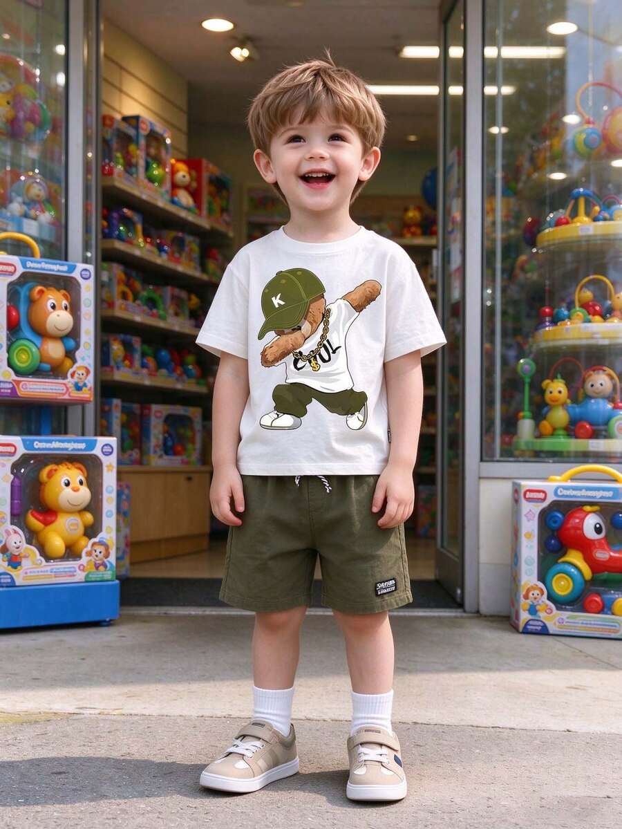Conjunto informal de camiseta de manga corta y pantalón corto con estampado de oso de dibujos animados para niños preadolescentes, para verano