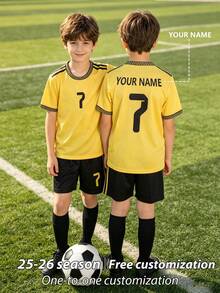 [Customized]Personalized Name Customized Sports Jersey Set For Boys And Girls, Children's Sports Burnout Print Short Sleeve Jersey And Shorts 2 Pieces Set For Soccer, Sports, Cycling - Yellow - View 6