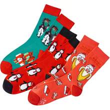 1/3 Pairs Random Color Unisex Christmas Socks, Cartoon Cat & Penguin Gift Pattern, Colorblock Cute Personalized Fashion Party Casual Mid-Calf Socks - Multicolor - View 3