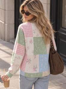 Women Pastel Patchwork Print Knit Sweater, Floral Check Long Sleeve Crew Neck Pullover, Soft Cozy Cottagecore Jumper, Fall Winter Outfit For Women - Off White - View 2