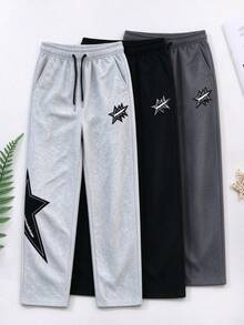 Women's Star Pattern Wide Leg Sweatpants, Elastic Waist Street Style Joggers With Pockets Sports Fall - Grey - View 9