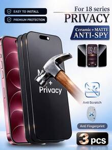 MSRI 3pcs Matte Ceramic Anti-Peeping Screen Protector, Protects Privacy From Prying Eyes, Oleophobic Coating Reduces Fingerprint Smudges, Frosted Texture Feels Smooth And Soft, Responsive Touch Without Interference, Easy Installation For Beginners, Resists Daily Bumps And Scratches, Curved Edge Fits Snugly Without Protrusion, Hydrophobic Surface Easy To Wipe, Compatible With IPhone Duo/18 Pro/18 Pro Max/18/17E/17Pro Max/16Pro Max/15 Pro Max/14Pro Max/13Pro Max/12 Pro Max/11 Pro Max/17 Pro/16 Pro/15/14/13/12/11 And Other Series. - Black - View 2