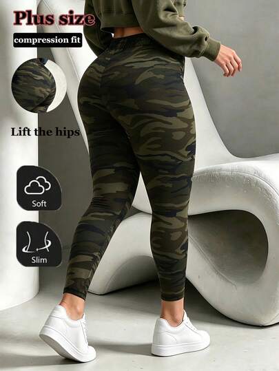 Army Green Autumn/Winter Fashion Plus Size Women's Camouflage Print Leggings, High Elasticity Casual Daily Commute Vacation Sports Sexy Tight Yoga Pilates Shaping Comfortable Butt-Lifting Slimming 9/10 Length Pants
