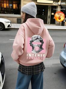 Women's Autumn/Winter Hooded Sweatshirt With Portrait And "INTENSE FEELINGS Y2K" Text Print On Back - Sand Red - View 3