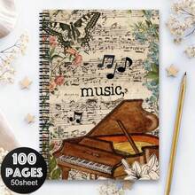 1PC 2D Flat Horizontal Line Notebook [Music Art] 1 Piano Theme Spiral Notebook Diary, 50 Sheets 100 Pages, Suitable For School And Office Supplies, Perfect Gift For Friends And Colleagues, Spiral Notebook Diary _ Art Cover Design _ Durable Cover Horizontal Line Notebook Record Book, Pen Not Included - One Book (50 Pages, 100 Pages) - View 1