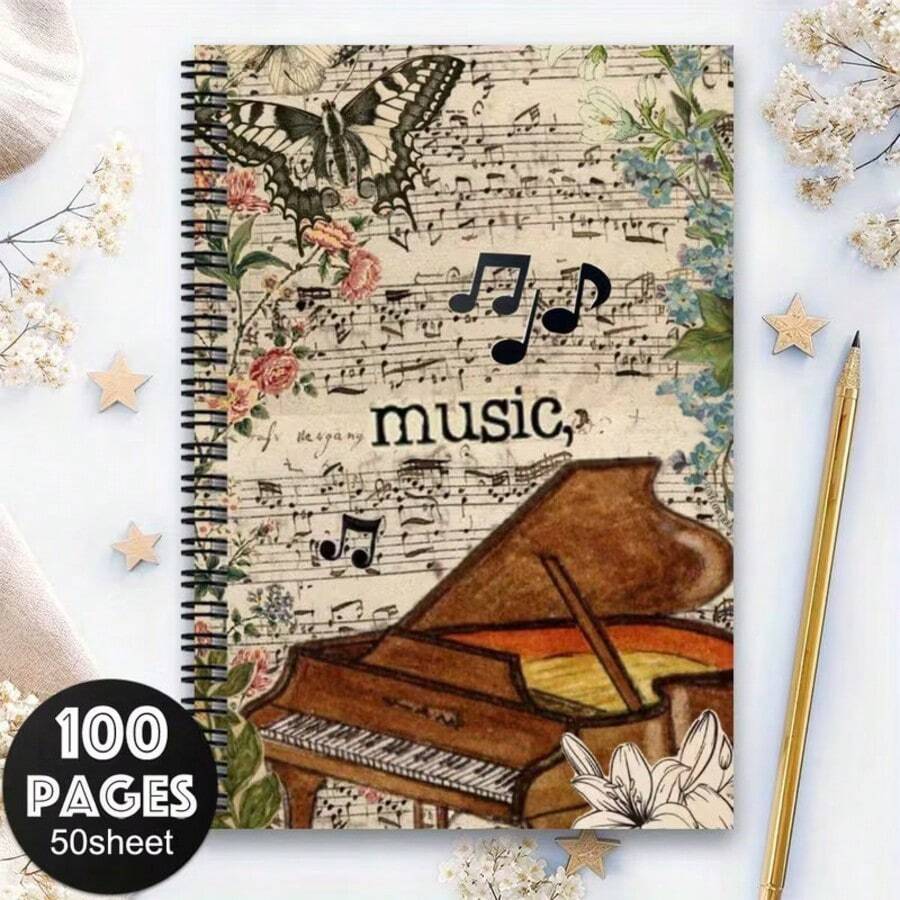 1PC 2D Flat Horizontal Line Notebook [Music Art] 1 Piano Theme Spiral Notebook Diary, 50 Sheets 100 Pages, Suitable For School And Office Supplies, Perfect Gift For Friends And Colleagues, Spiral Notebook Diary _ Art Cover Design _ Durable Cover Horizontal Line Notebook Record Book, Pen Not Included - One Book (50 Pages, 100 Pages) - View 1