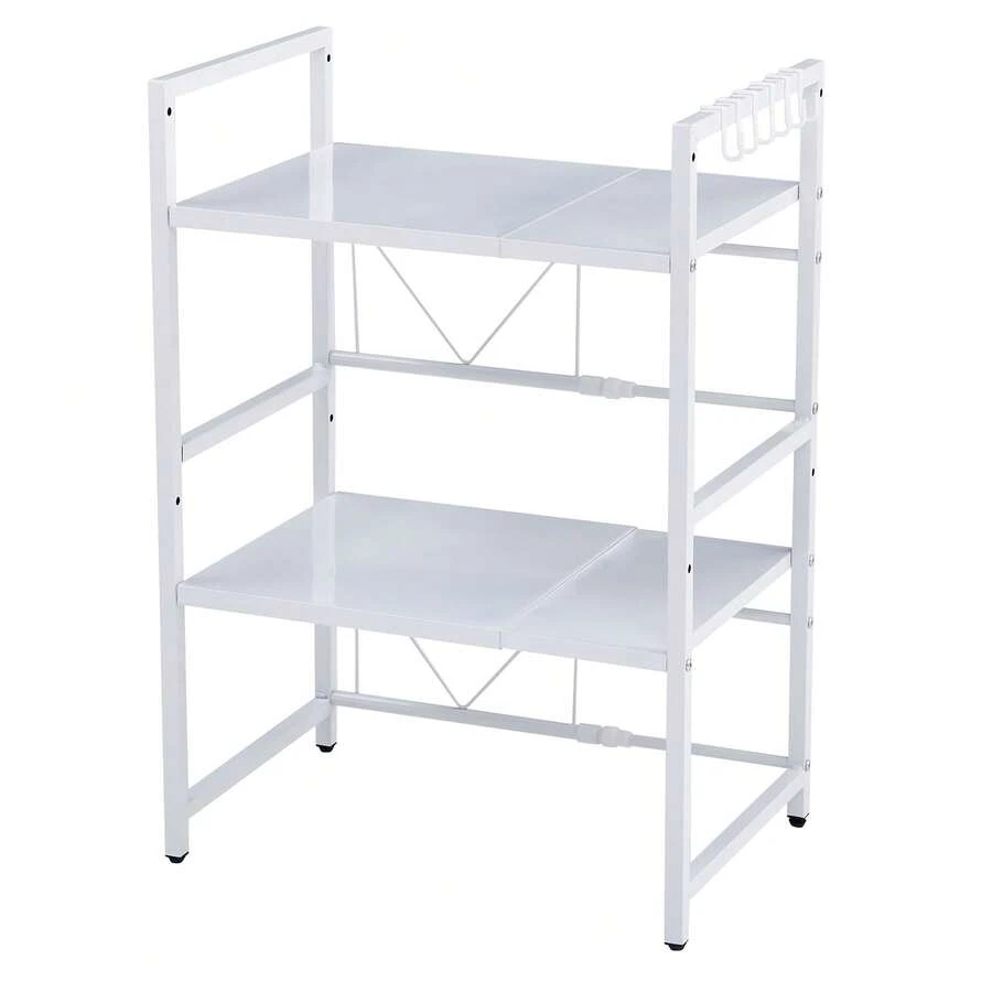 3-Tier Extendable Microwave Oven Rack, Kitchen Countertop Storage Organizer With 6 Hooks, Free Standing Adjustable Spice Rack For Kitchen, Heavy Duty Microwave Stand Baker's Rack Pot & Pan Rack - White - View 1